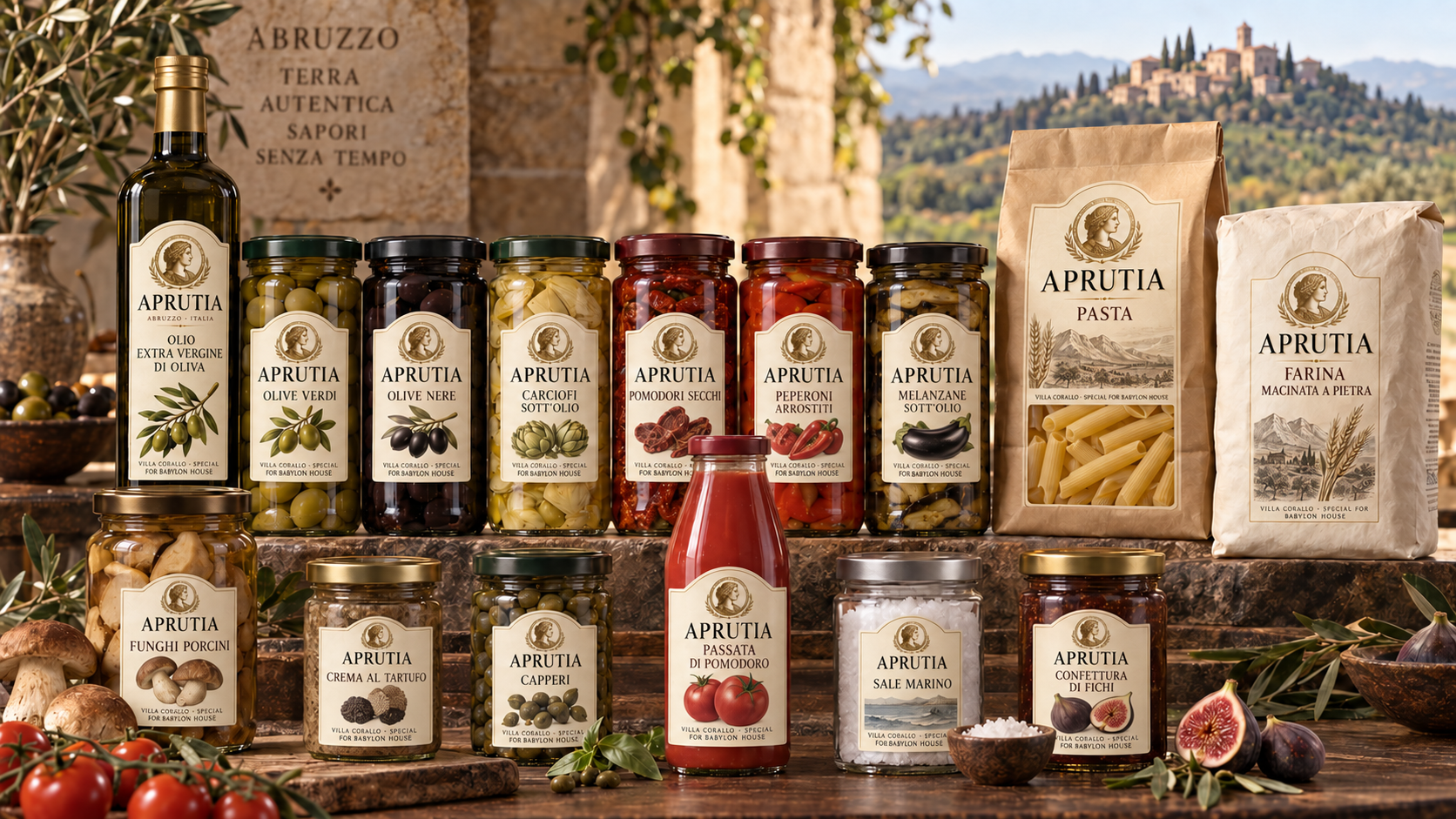 APRUTIA Italian oils, olives, vegetables, pantry staples and delicacies made specially for Babylon House