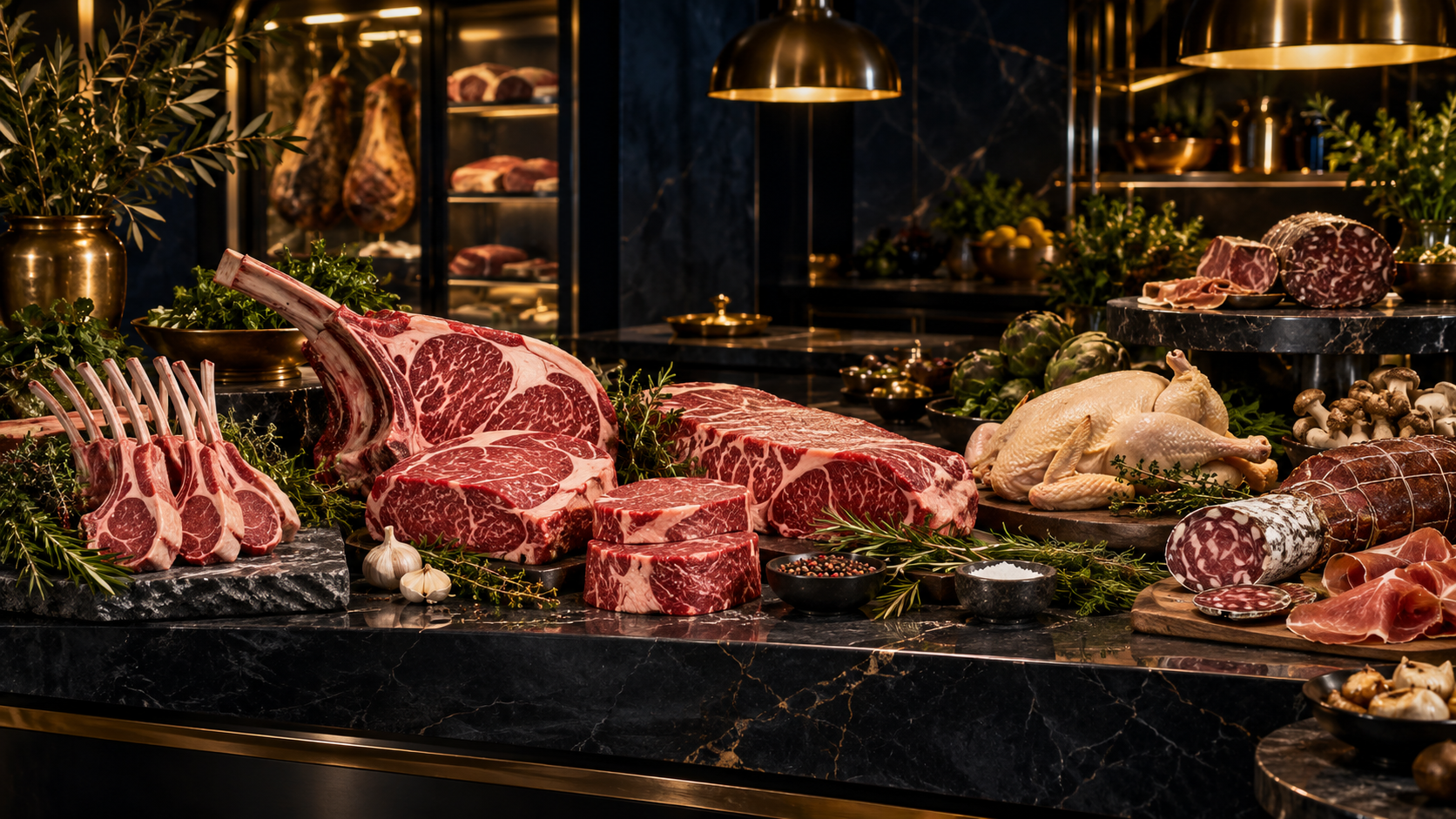 Premium meat cuts in a professional butcher display